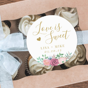 Gold Heart and Pink Floral Love is Sweet Wedding Classic Round Sticker