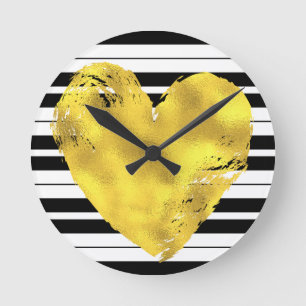 Gold Heart and Stripes Round Clock