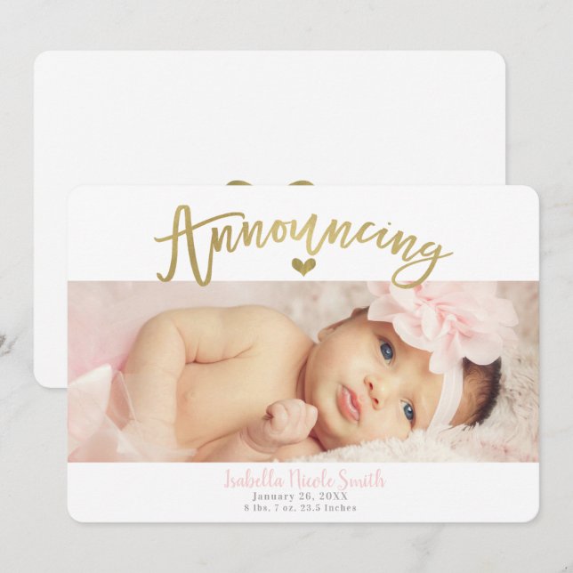 Gold Heart Baby Girl Birth Announcement Photo (Front/Back)