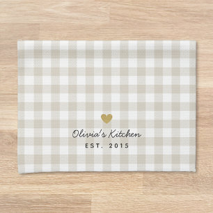 Gold Heart Beige Buffalo Check Custom Name Gift Tea Towel