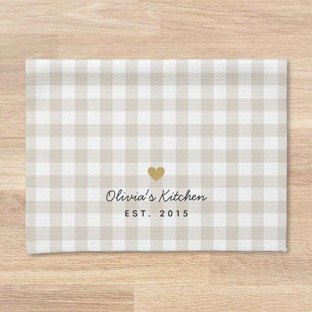 Gold Heart Beige Buffalo Check Custom Name Gift Tea Towel (Creator Uploaded)