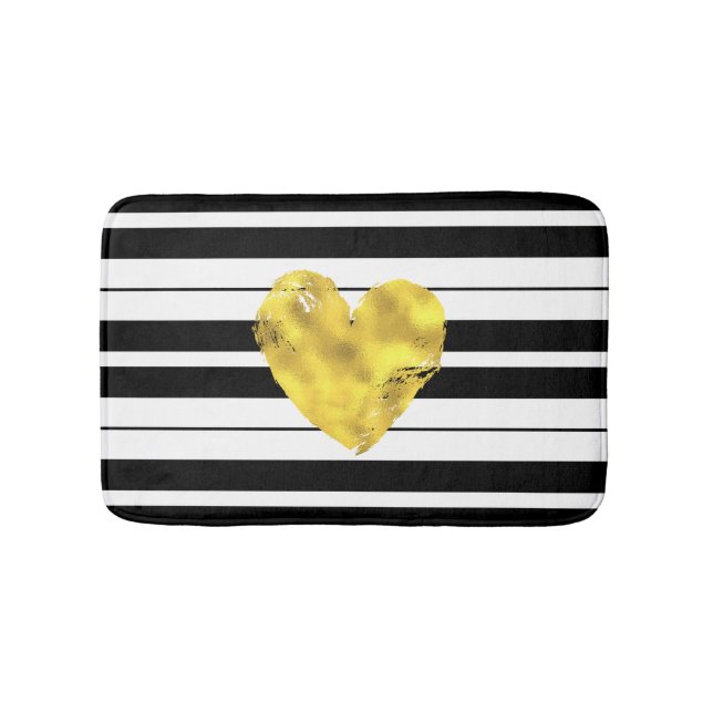 Gold Heart, Black and White Stripes Bath Mat (Front)
