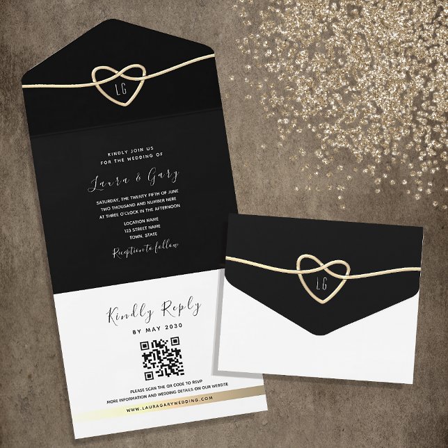 Gold Heart Black and White Wedding  All In One Invitation (Creator Uploaded)