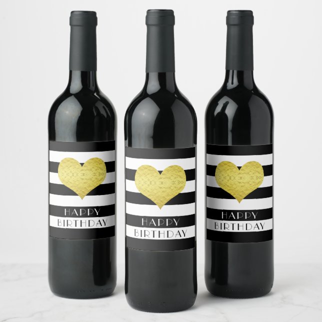 Gold Heart Black White Stripe Happy Birthday Wine Label (Bottles)