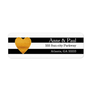 Gold Heart Black & White Stripe Return Address Return Address Label