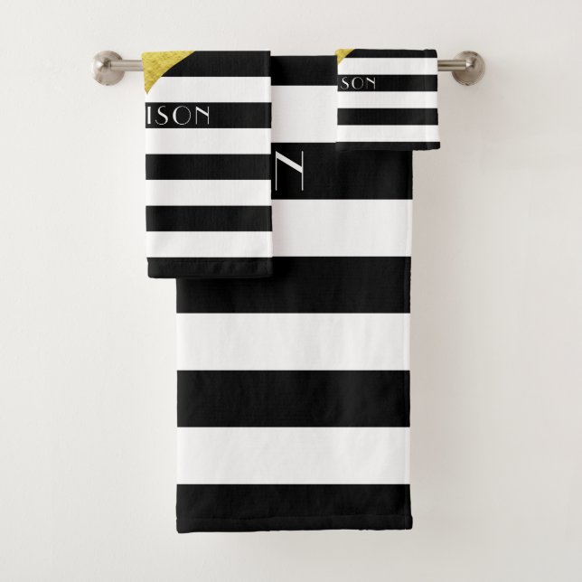 Gold Heart Black White Striped Pattern Name Bath Towel Set (Insitu)