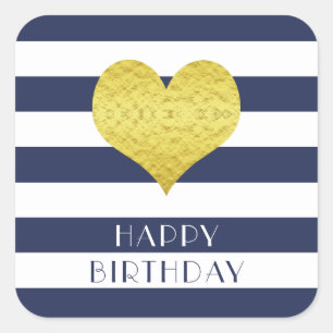 Gold Heart Blue White Stripe Happy Birthday Square Sticker
