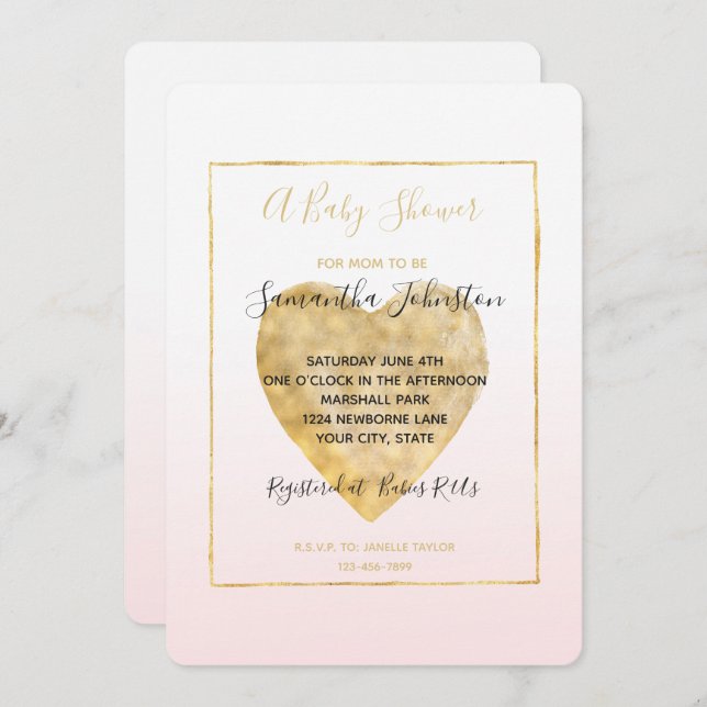 Gold Heart Blush Pink Ombre Baby Shower Invitation (Front/Back)