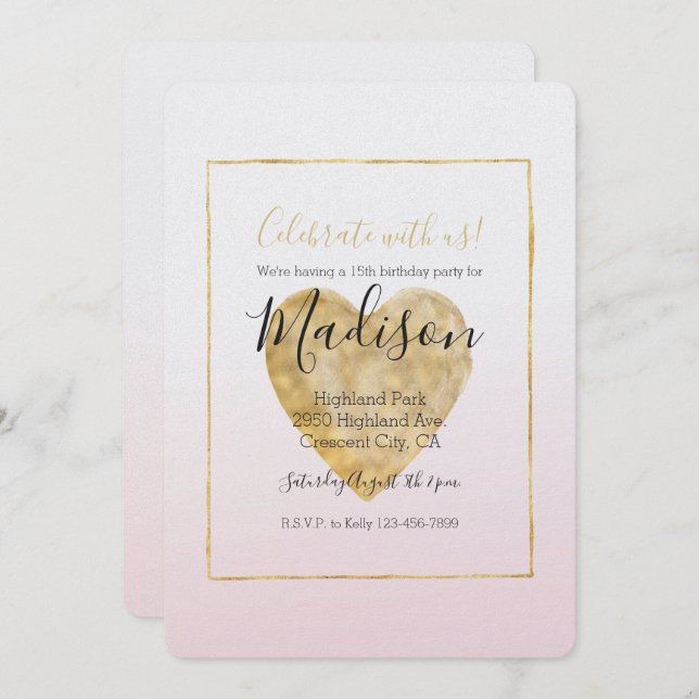 Gold Heart Blush Pink Ombre Birthday Invitation (Front/Back)
