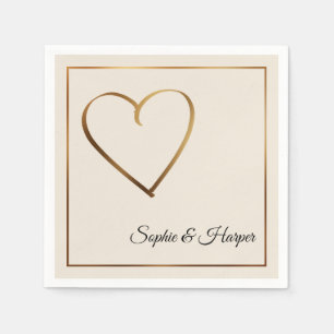 Gold Heart & Border with Names on Cream Napkin