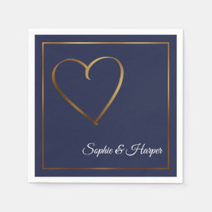 Gold Heart & Border with Names on Navy Blue Napkin