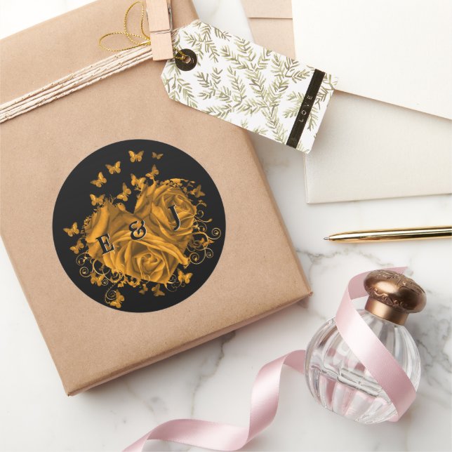 Gold Heart Bride & Groom Butterflies Swirls  Classic Round Sticker (Gifting)