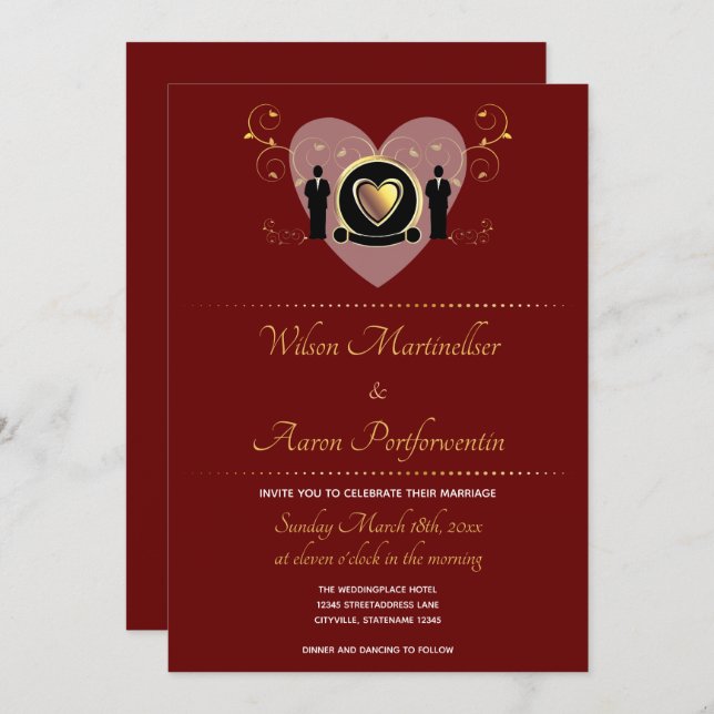 Gold Heart Burgundy Male LGBTQ Wedding Invitation (Front/Back)