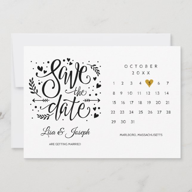 Gold Heart Calendar Black and White Save The Date (Front)