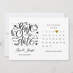 Gold Heart Calendar Black and White Save The Date