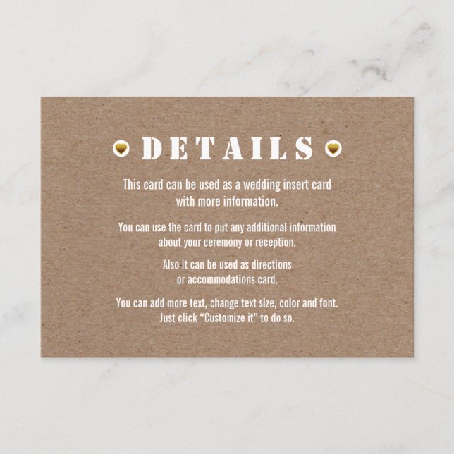 Gold heart cardboard wedding details insert card (Front)