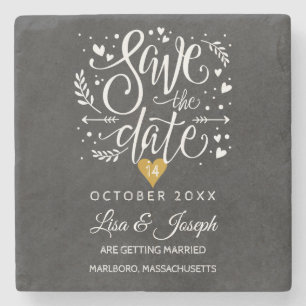 Gold Heart Chalkboard Save the Date Stone Coaster