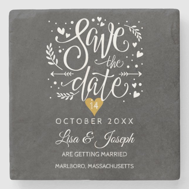 Gold Heart Chalkboard Save the Date Stone Coaster (Front)