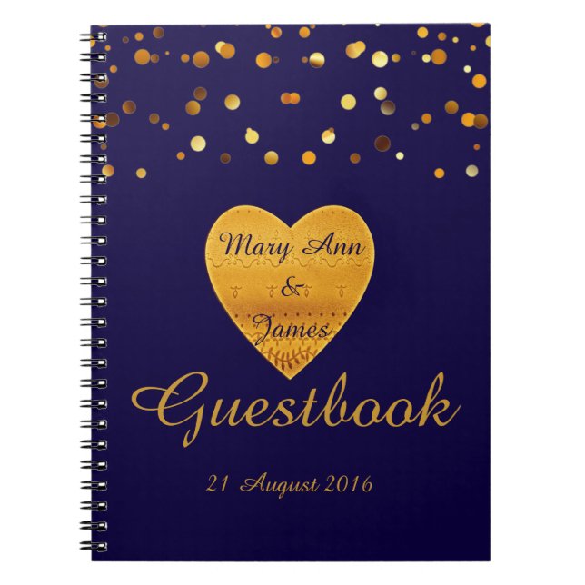 Gold Heart Confetti Glitter Faux Foil Blue Guest Notebook (Front)