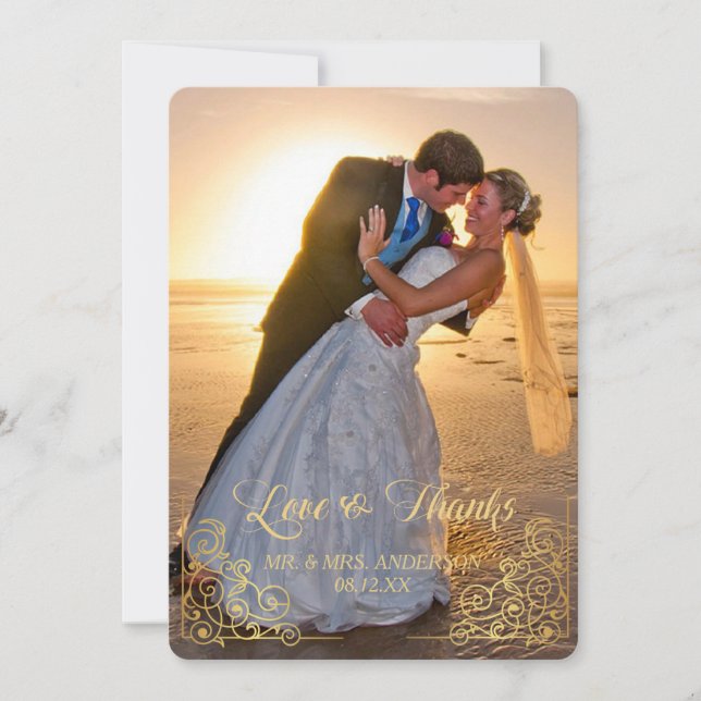 Gold Heart Confetti Photo Wedding Thank You Card (Front)