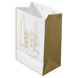 Gold heart crown crest leaves monogram wedding medium gift bag