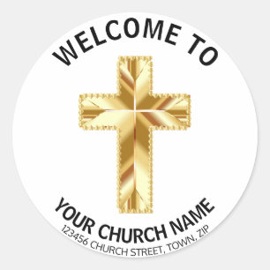 Gold Heart Crucifix Church Welcome Classic Round Sticker