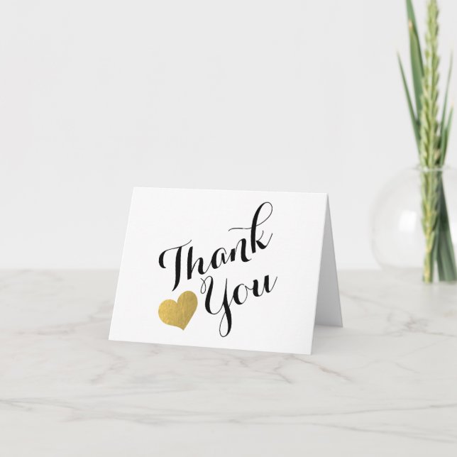 Gold Heart Elegant Typography Wedding Thank You Card (Front)