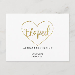 Gold Heart Eloped Text Marriage Announcement Card