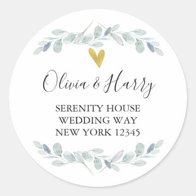 Gold Heart Eucalyptus Return Address Stickers (Front)
