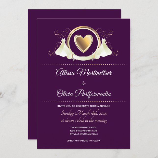Gold Heart Female Wedding | Wedding Invitation (Front/Back)