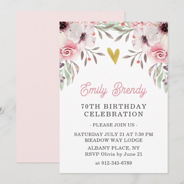 Gold Heart Floral 70th Birthday Party Invite  (Front/Back)
