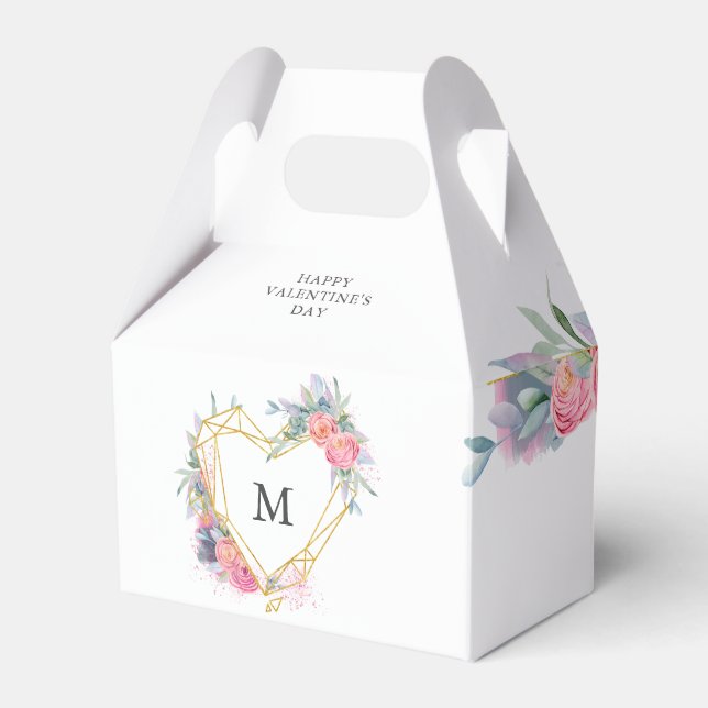 gold heart frame blush floral  monogram Valentines Favour Box (Front Side)