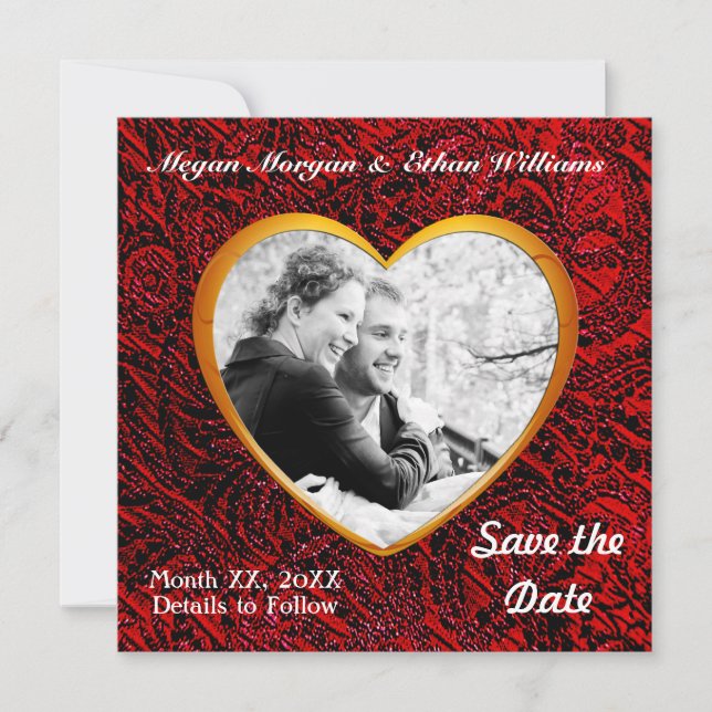 Gold Heart Frame & Red Fabric Add Photo Save The Date (Front)