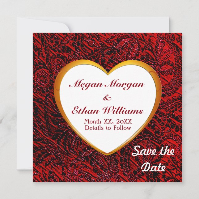 Gold Heart Frame & Red Fabric Square Save The Date (Front)