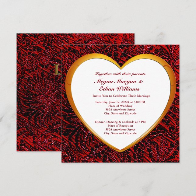 Gold Heart Frame & Red Fabric Wedding Square Invitation (Front/Back)