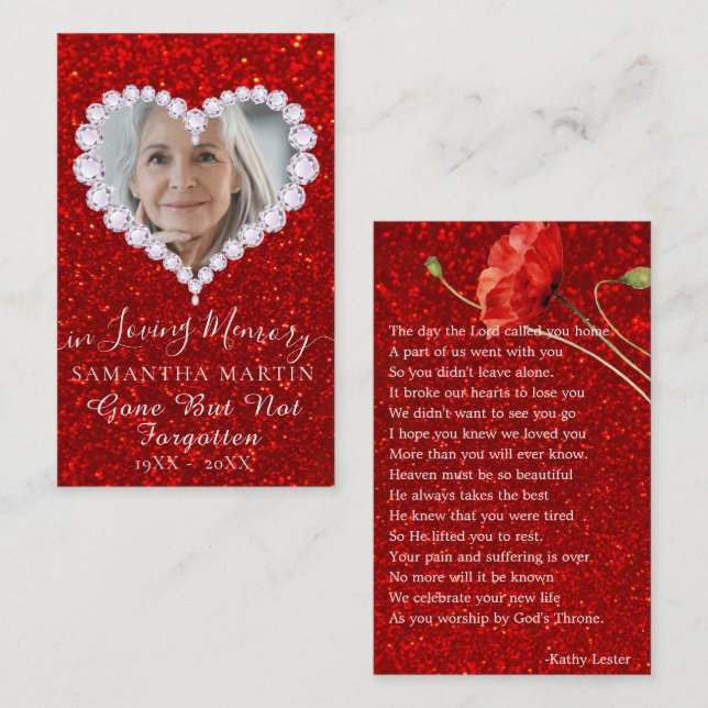 Gold Heart Funeral Memorial Prayer Photo Card (Front/Back)