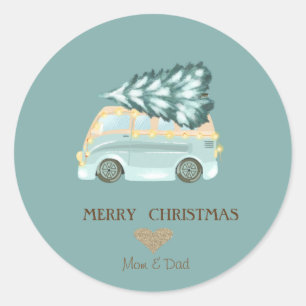 Gold Heart,Green Truck Pine Tree Christmas Classic Round Sticker