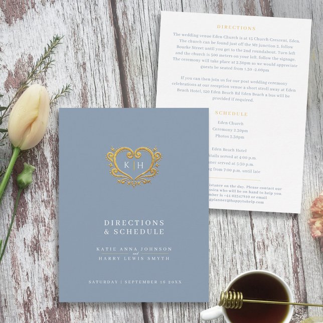 Gold heart grey white wedding directions schedule enclosure card (Creator Uploaded)
