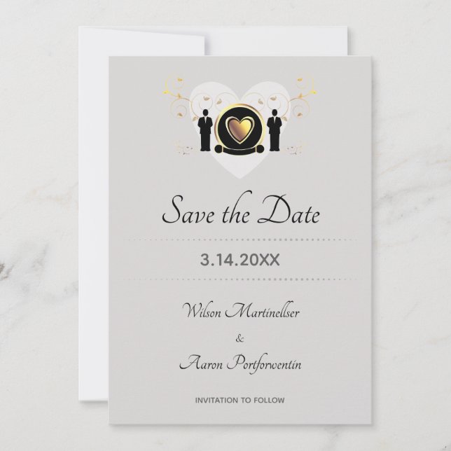 Gold Heart Grooms LGBTQ  Save The Date (Front)