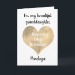 Gold Heart Happy 14th Birthday  Card<br><div class="desc">A gold heart watercolor granddaughter 14th birthday card,  which you can easily personalise with her name. Inside this 14th birthday card reads a birthday message for her,  but you can also personalise if wanted. There is a happy birthday message on the back. A unique personalised birthday keepsake for her.</div>