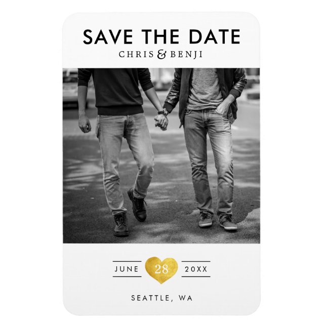 Gold Heart LGBTQ Save the Date with Photo Magnet (Vertical)
