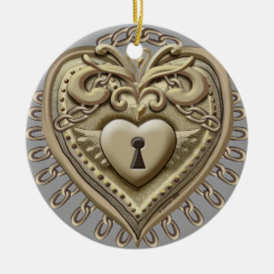 Gold Heart Lock Ceramic Tree Decoration