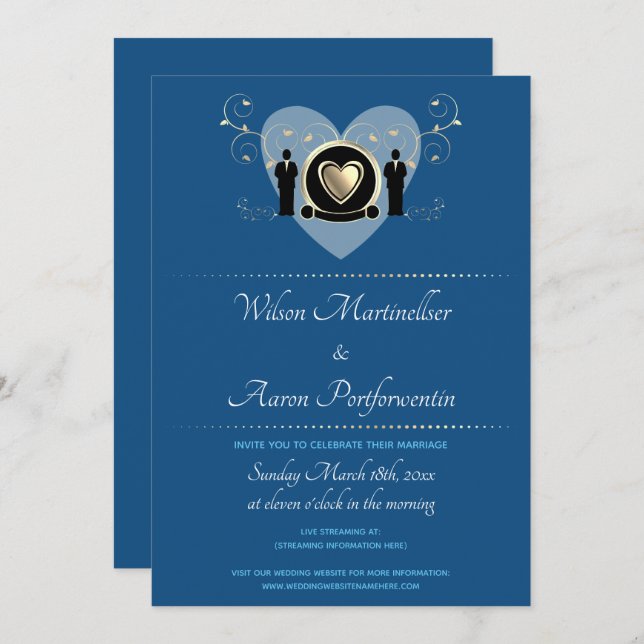 Gold Heart Male Classic Blue Virtual Wedding Invitation (Front/Back)