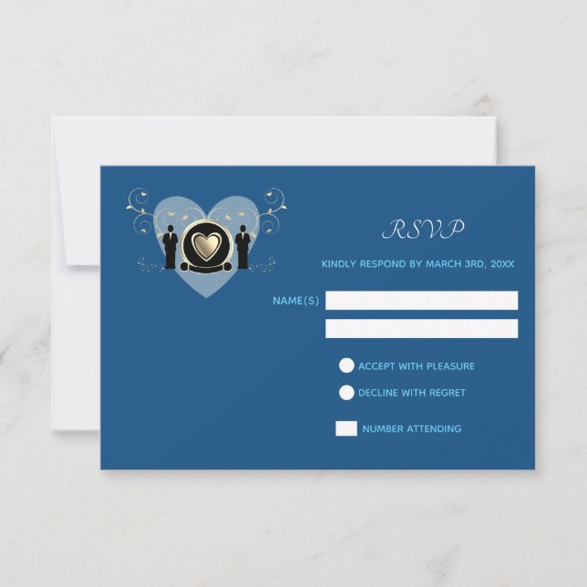 Gold Heart Male Wedding Classic Blue | RSVP card (Front)