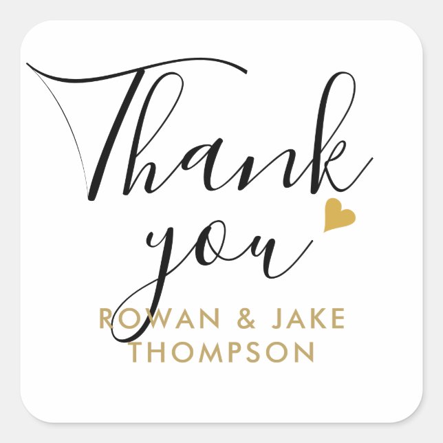 Gold Heart Modern Script Thank You Square Sticker (Front)