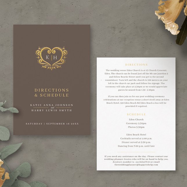 Gold heart monogram wedding directions schedule enclosure card (Creator Uploaded)
