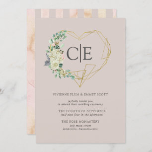 Gold Heart Monogram White Rose Hydrangea Wedding Invitation