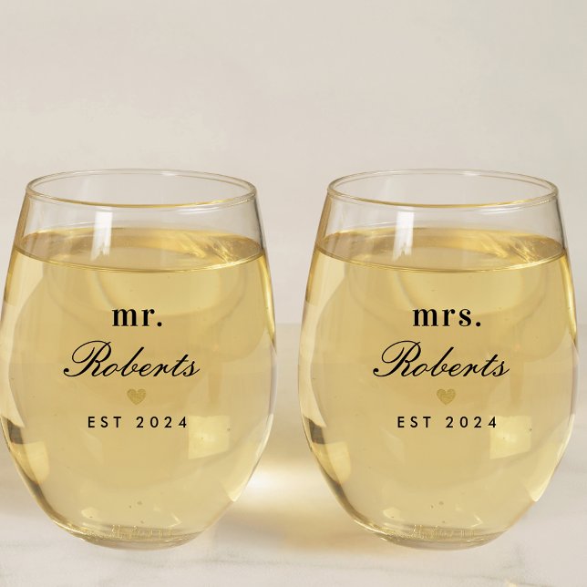 Gold Heart Mr. and Mrs. Newlywed Gift Stemless Wine Glass (Creator Uploaded)