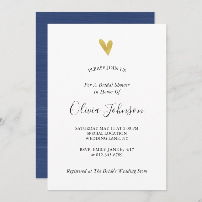 Gold Heart Navy Blue Bridal Shower Invitation (Front/Back)