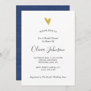 Gold Heart Navy Blue Bridal Shower Invitation
